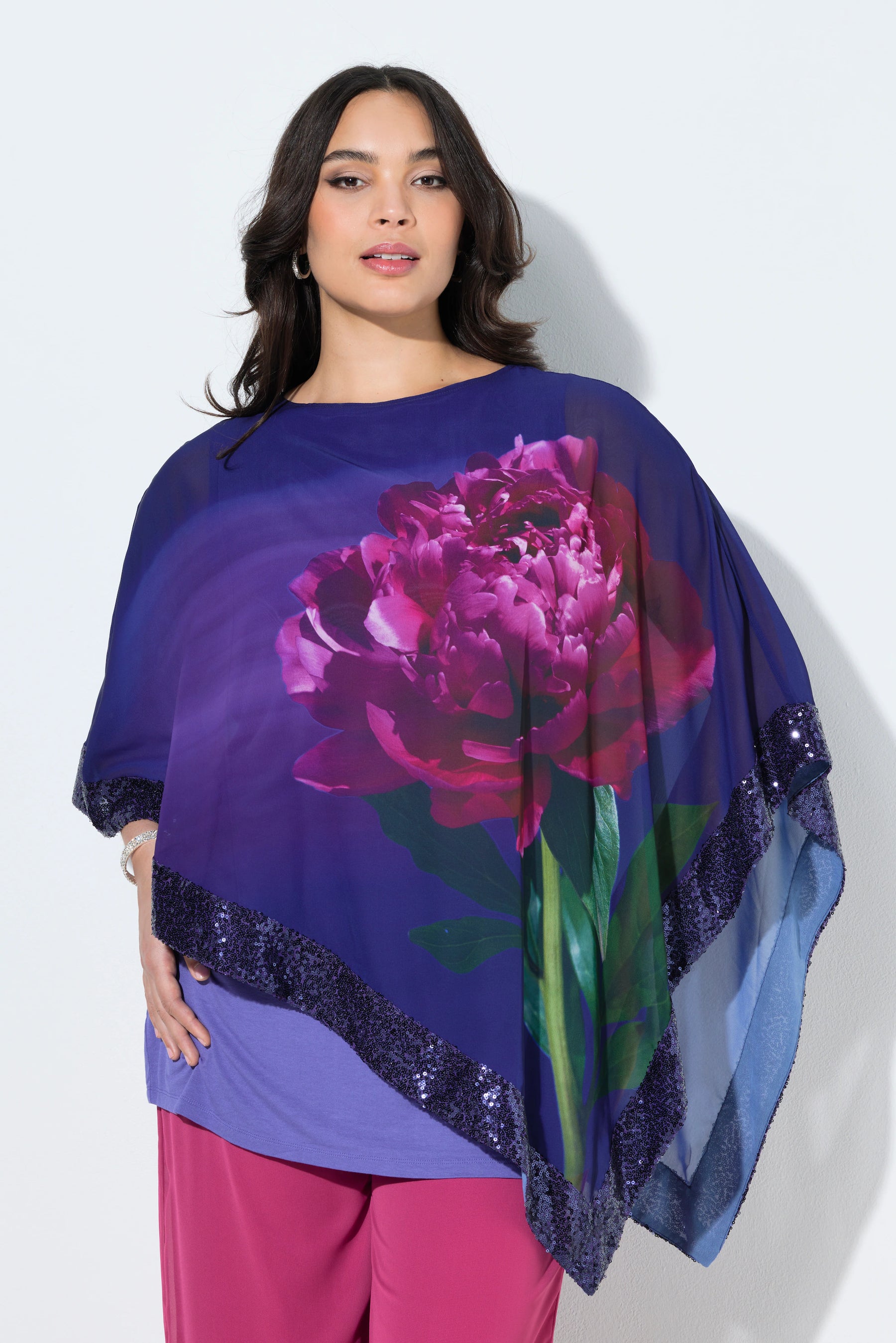 Ulla Popken Floral Chiffon Blouse with Sequins in Purple  