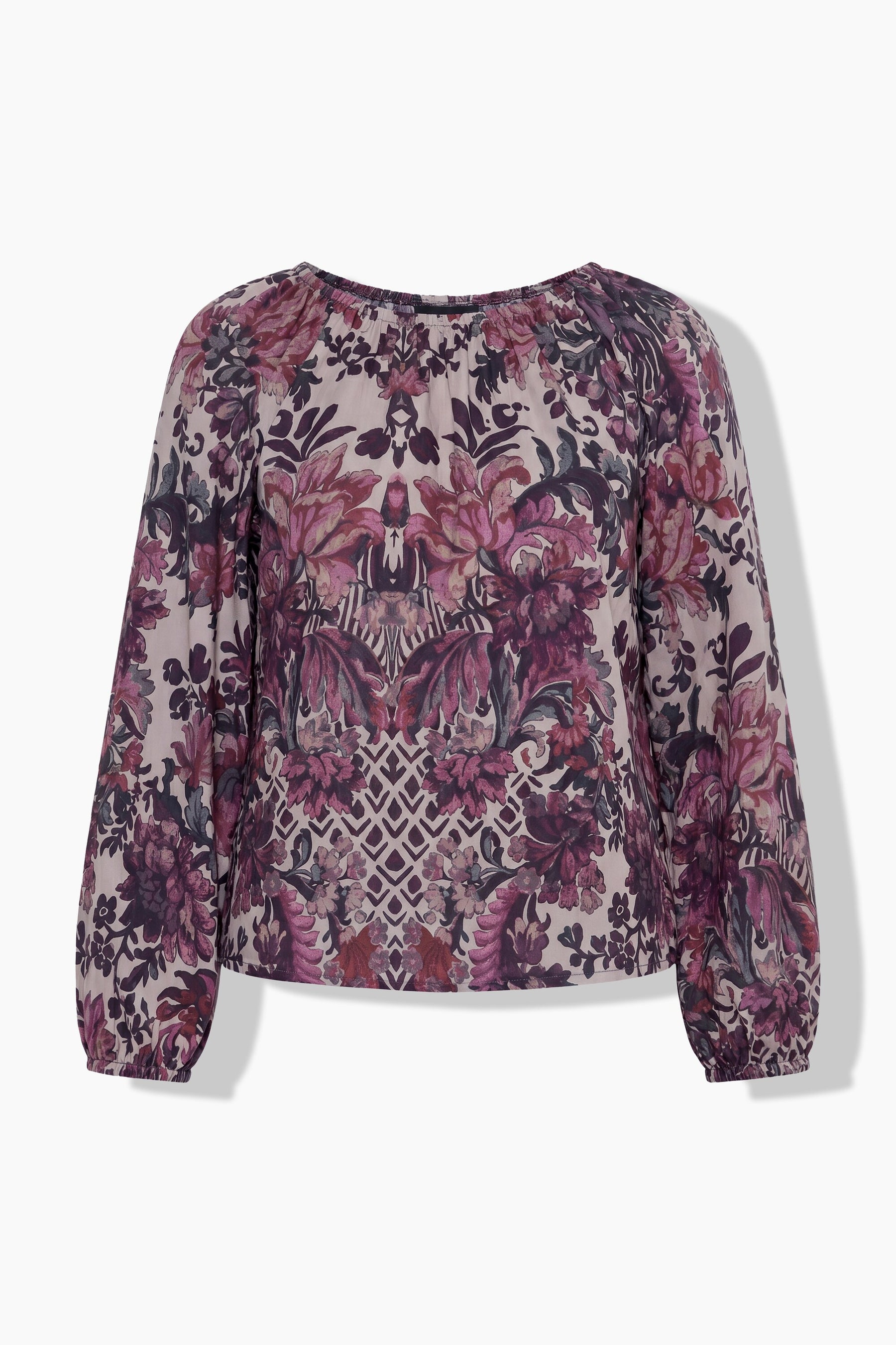 A ghost image of the Ulla Popken Floral Damask Blouse in Mauve, A long sleeves blouse with a round neckline, with an all over floral print in mauve, pink and taupe tones.