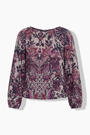 A ghost image of the Ulla Popken Floral Damask Blouse in Mauve, A long sleeves blouse with a round neckline, with an all over floral print in mauve, pink and taupe tones.