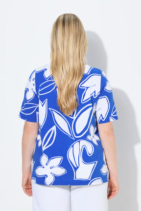 Ulla Popken Floral Keyhole T-Shirt in Blue 