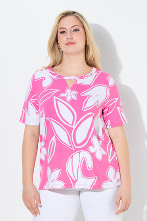 Ulla Popken Floral Keyhole T-Shirt in Pink 