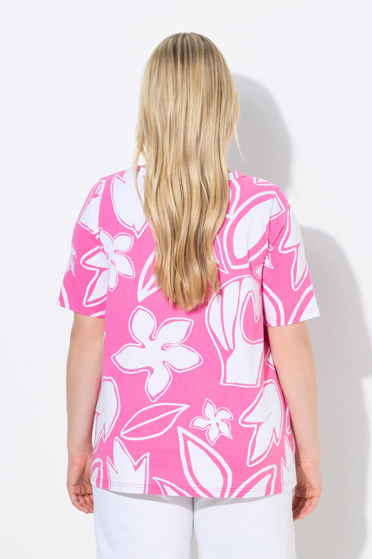 Ulla Popken Floral Keyhole T-Shirt in Pink 