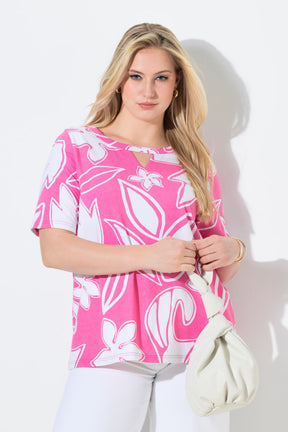 Ulla Popken Floral Keyhole T-Shirt in Pink 