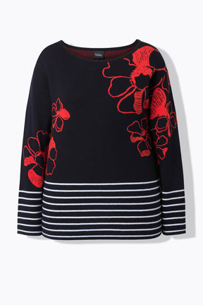 Product image of the Ulla Popken Floral Knit Jumper in Black, A black sweater with red floral patterns and white horizontal stripes, boat neckline and long sleeves, on a white background