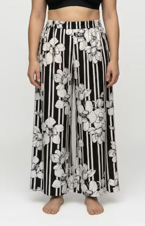 Ulla Popken Floral Palazzo Trousers in Black