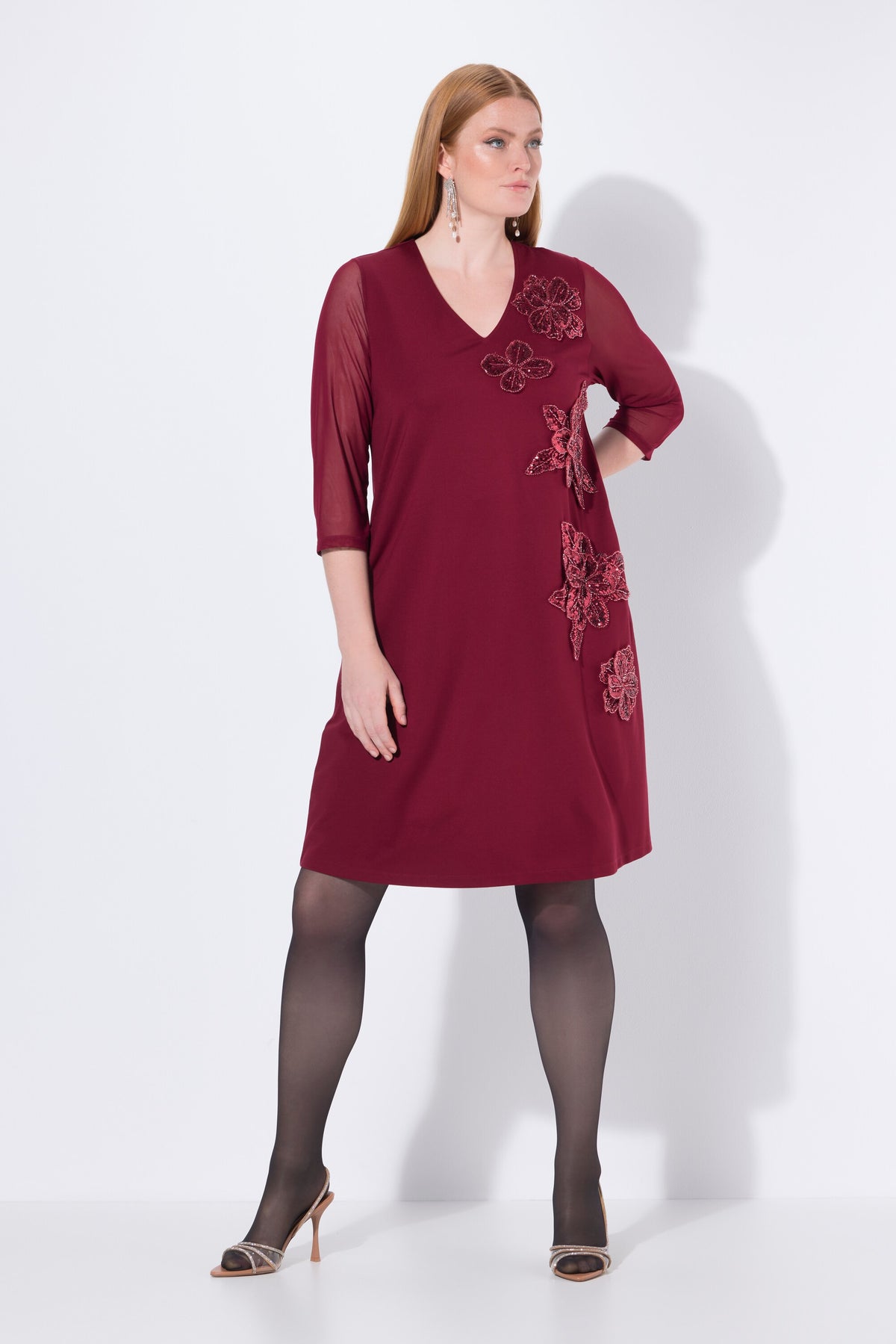 Ulla Popken Floral Sequin Dress in Wine