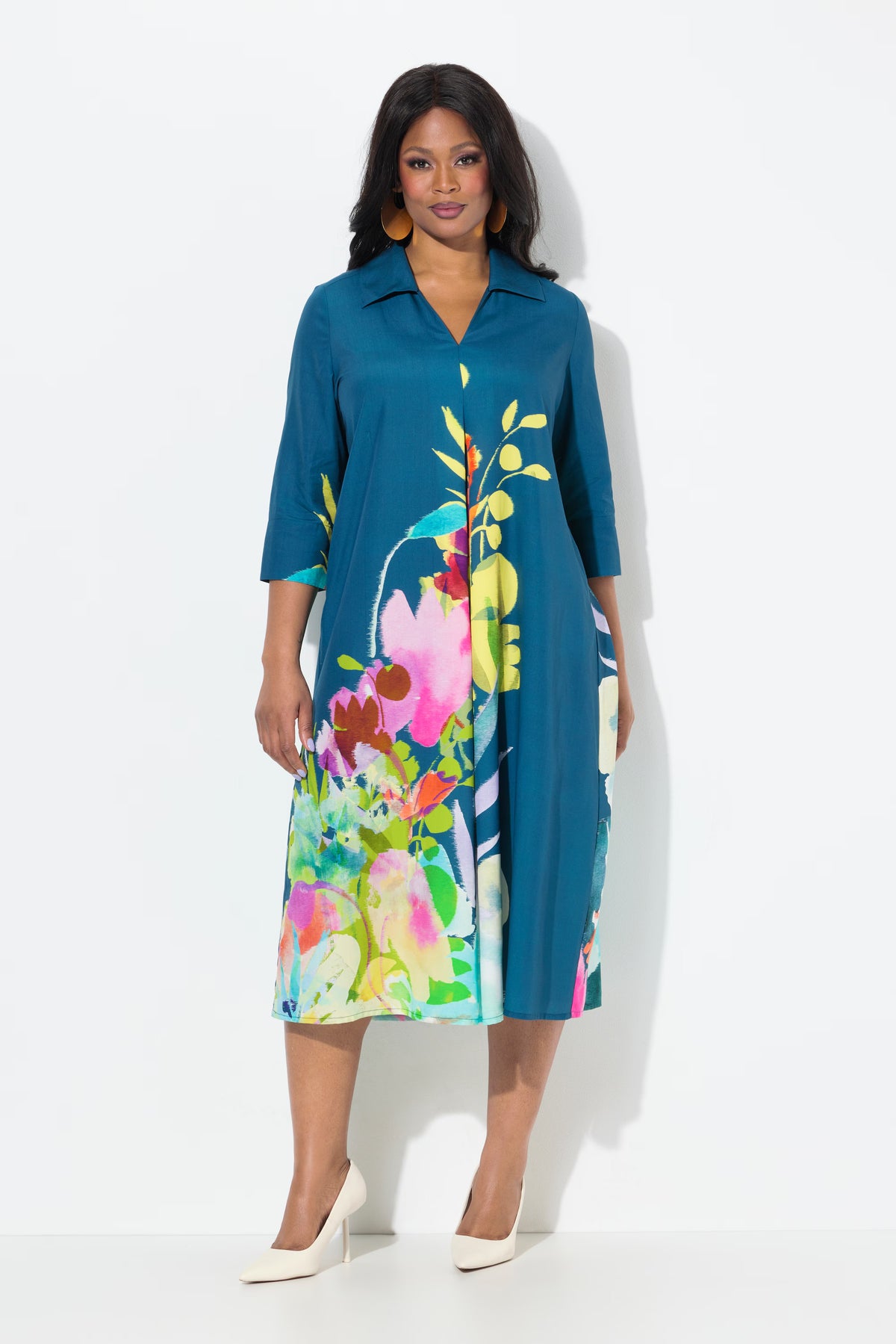Ulla Popken Floral Shirt Dress in Blue