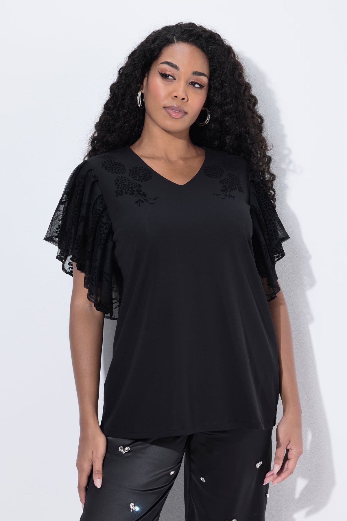 Ulla Popken Floral Sleeve T-shirt in Black