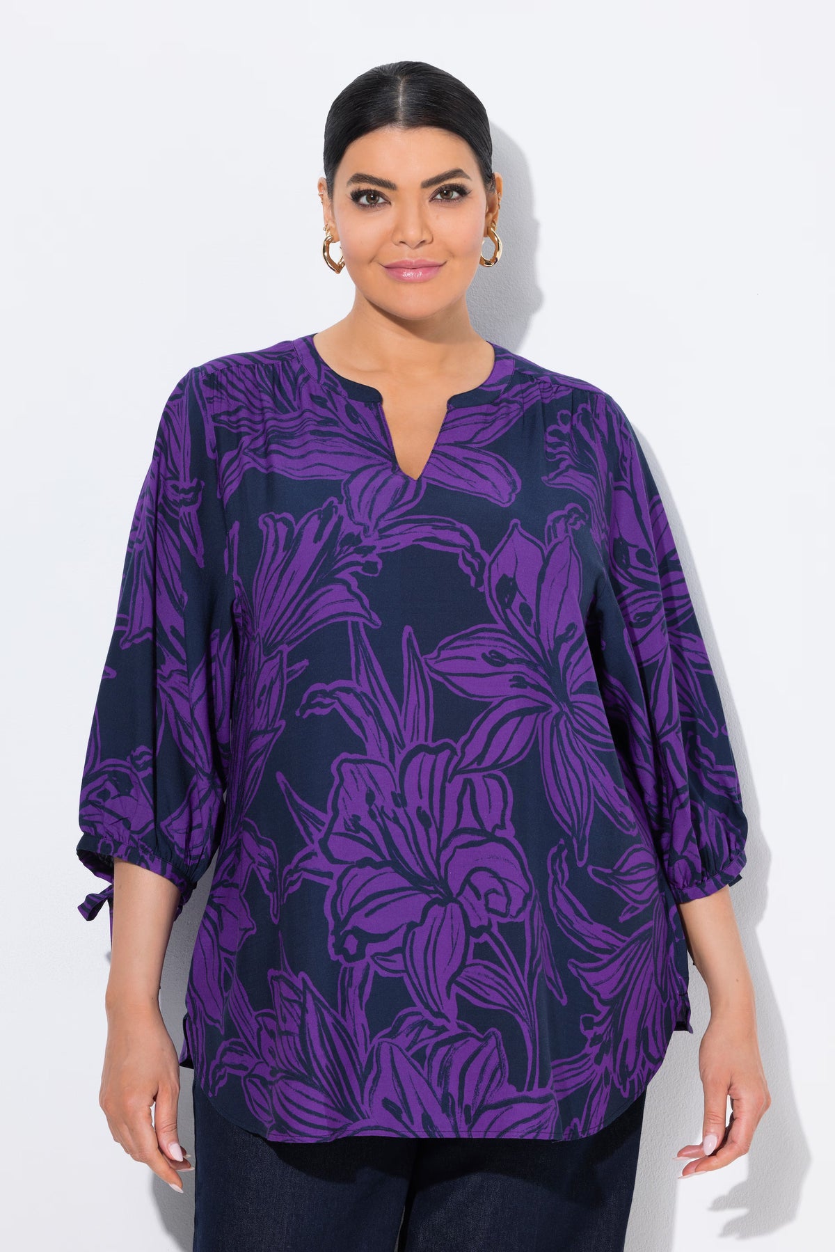 Ulla Popken Floral Tie Sleeve Blouse