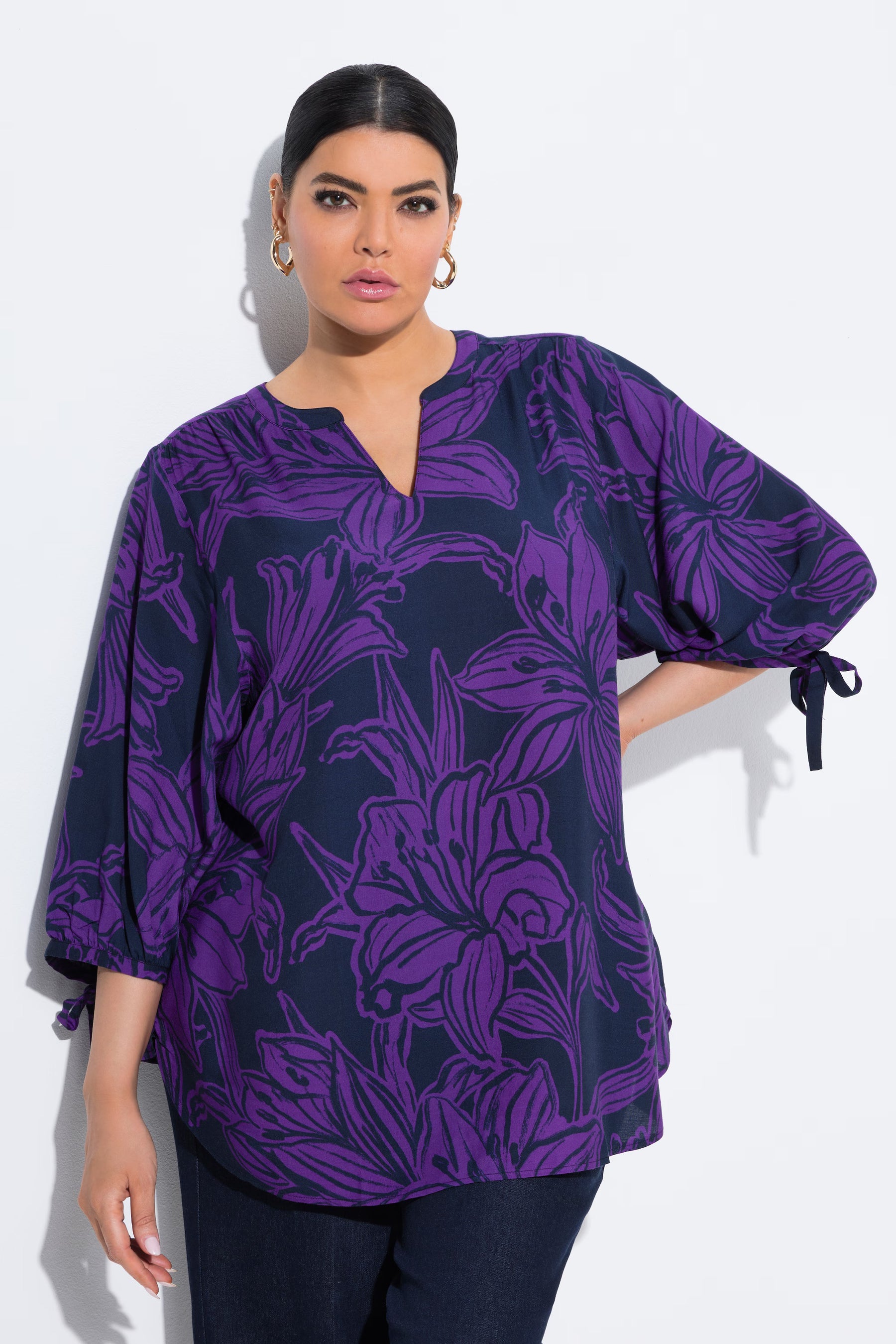 Ulla Popken Floral Tie Sleeve Blouse