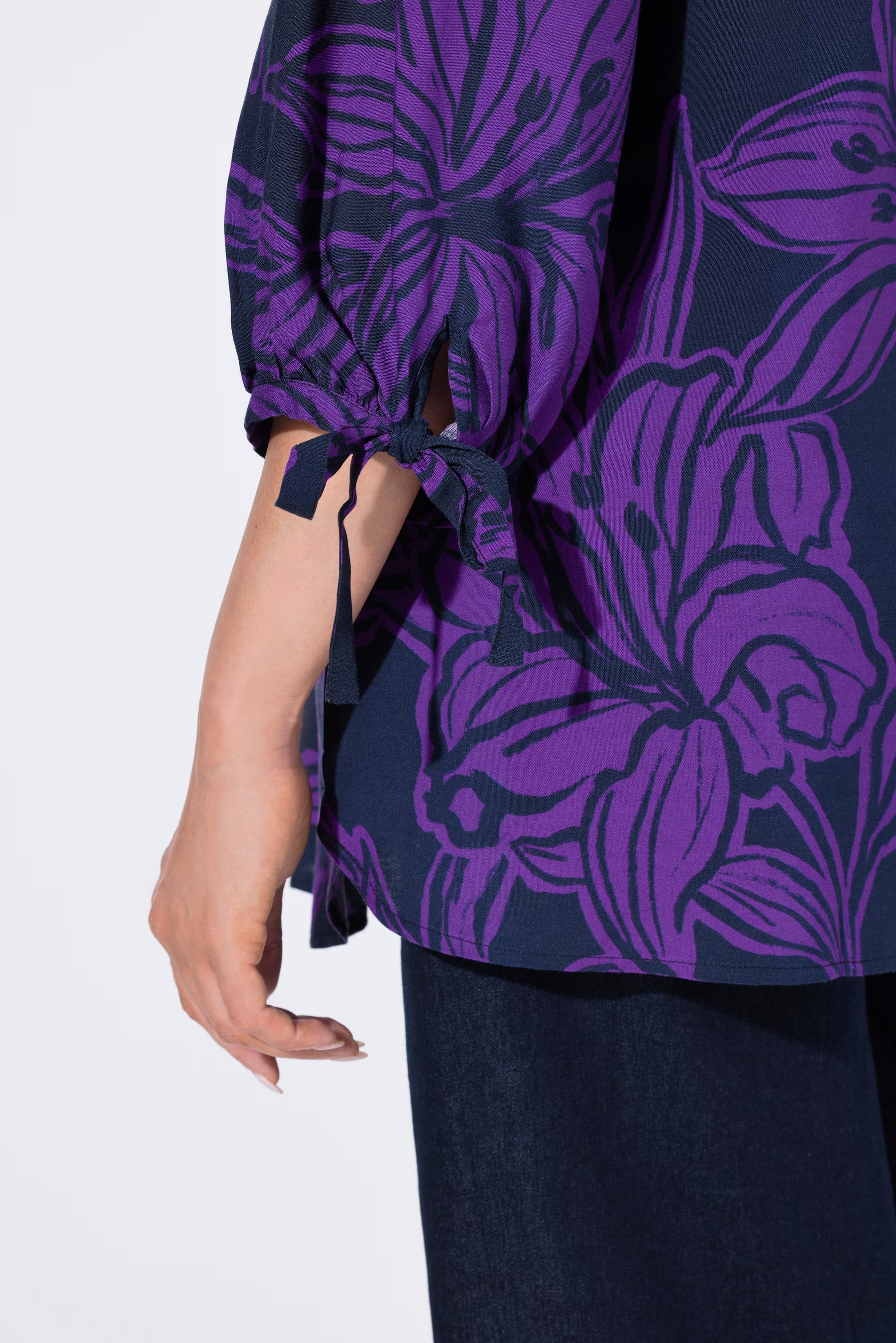 Ulla Popken Floral Tie Sleeve Blouse