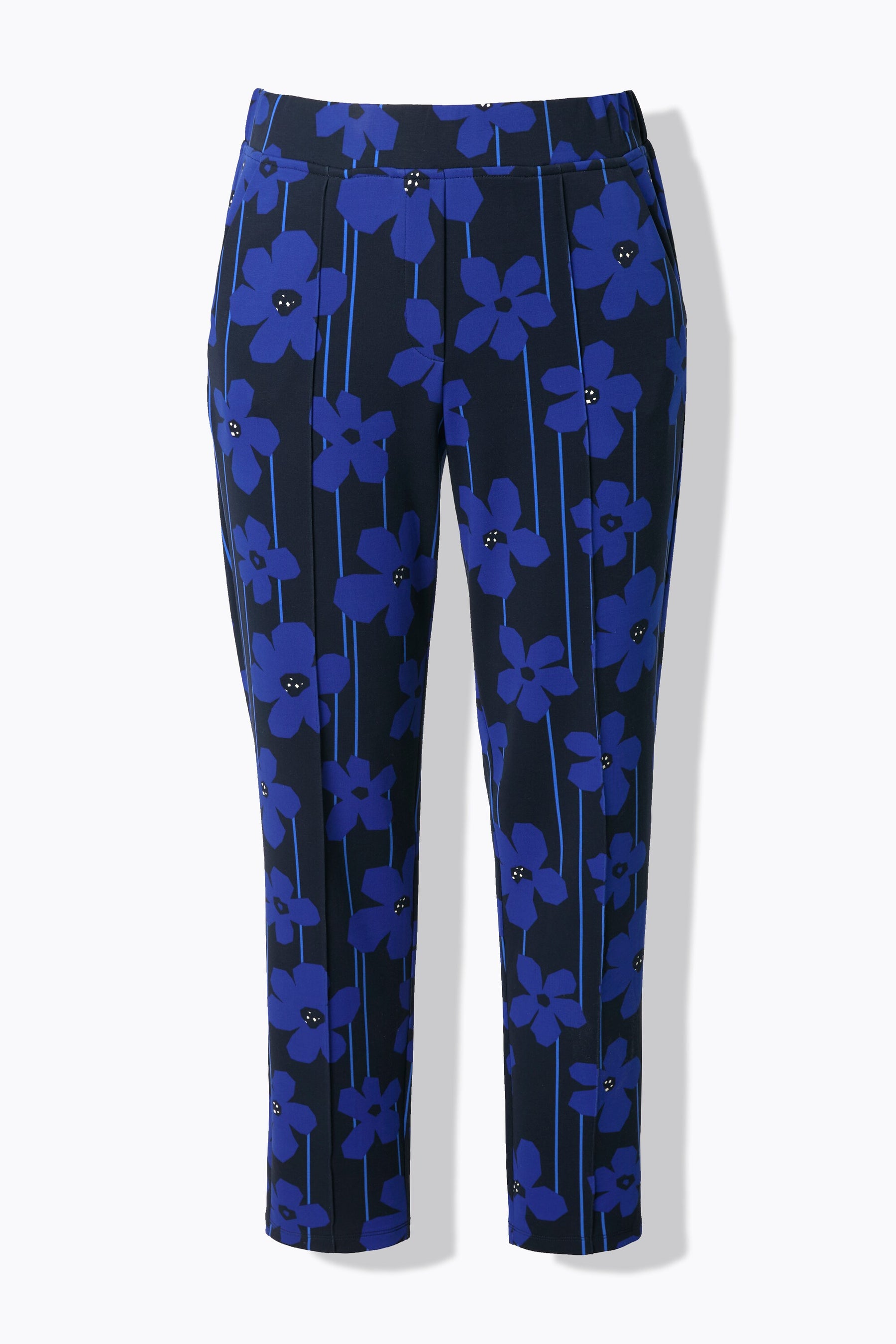 Product image of the Ulla Popken Floral Trousers in Blue, a tapered leg trouser with a blue floral design all over