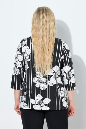 Ulla Popken Floral Tunic Neck Top in Black 