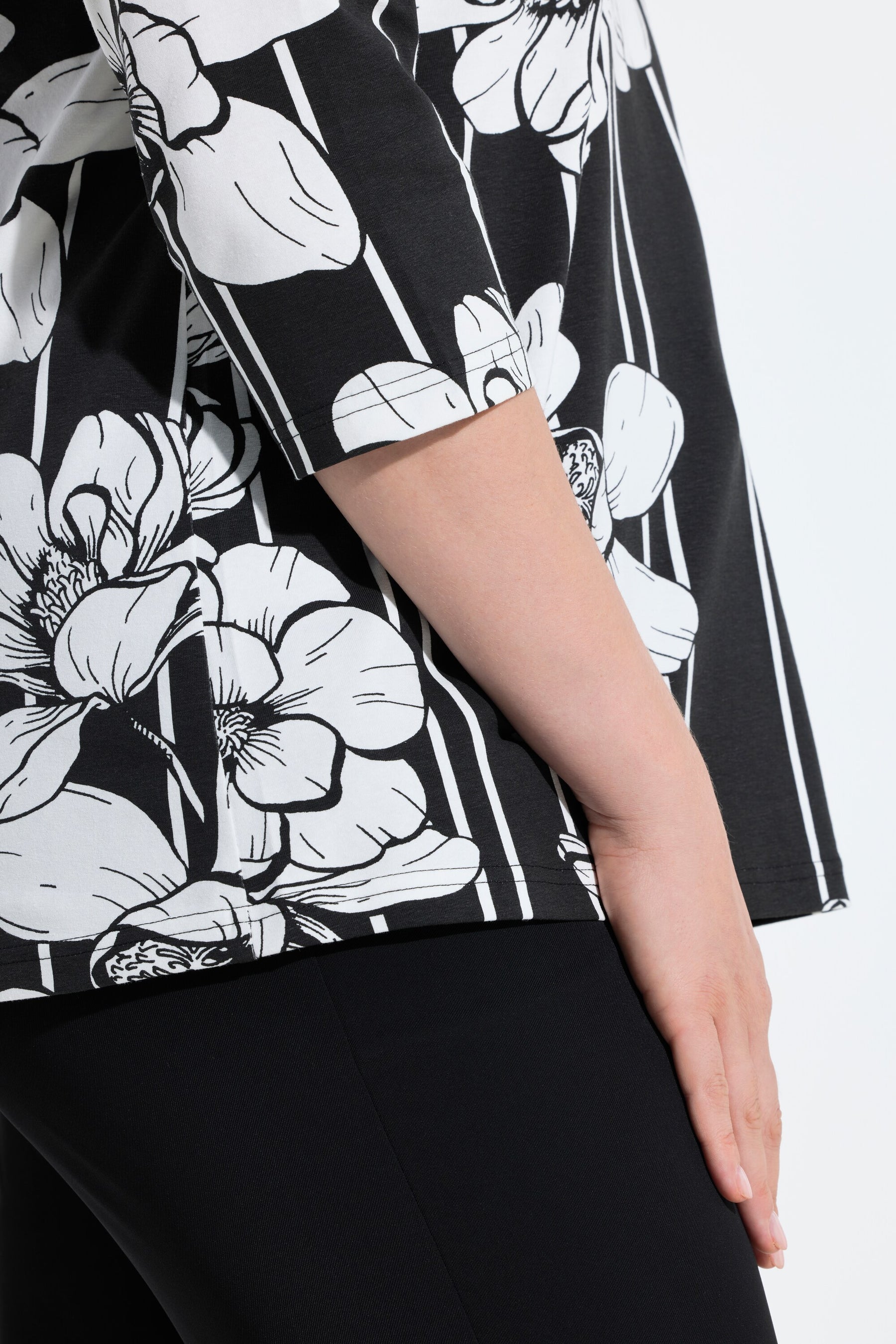 Ulla Popken Floral Tunic Neck Top in Black 