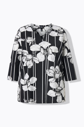 Ulla Popken Floral Tunic Neck Top in Black 