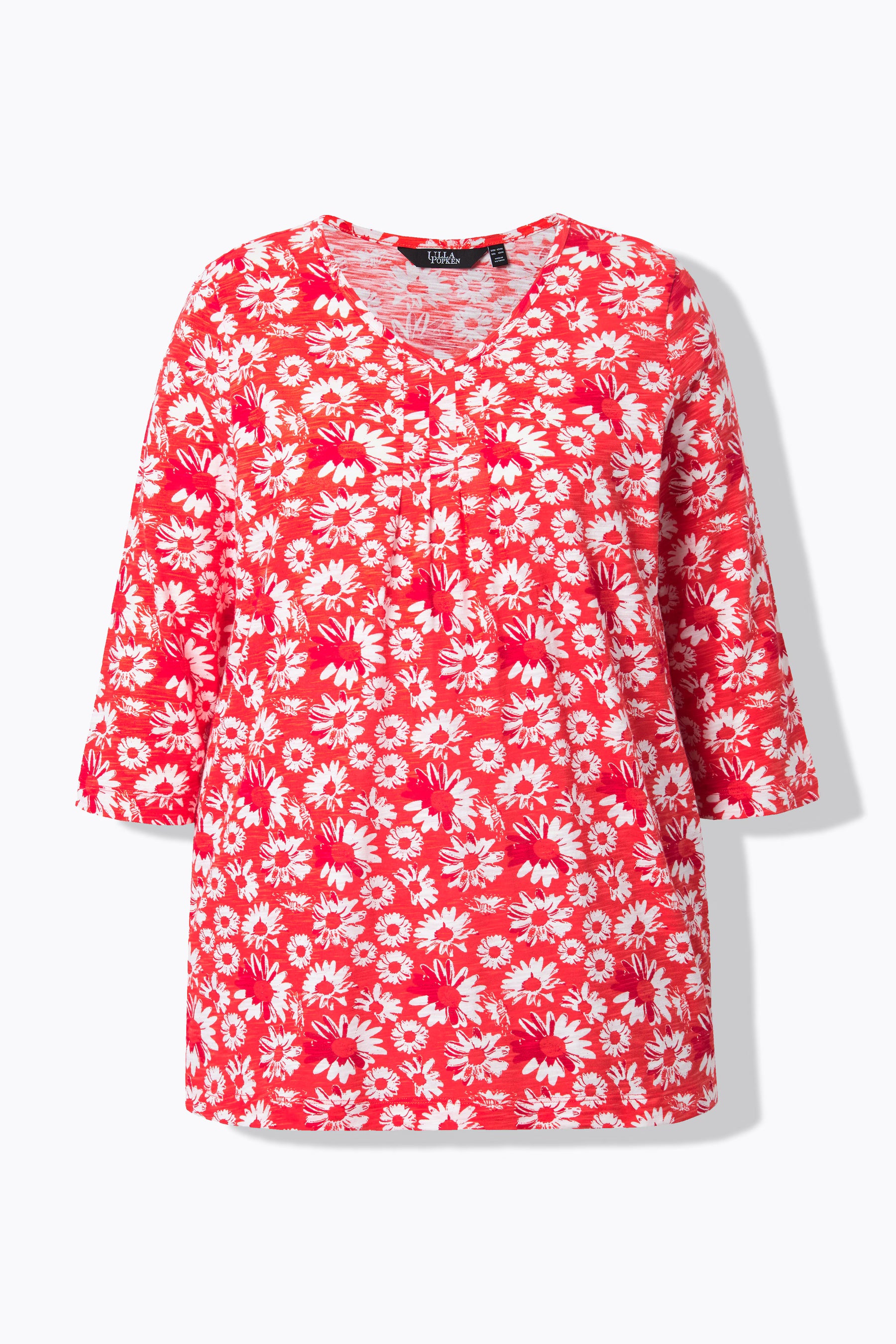 Ulla Popken Flower Top in Red, product image, Top has a V neckline, leading to decorative plates on the bust, as a comfortable A-line shale and 3/4 sleeves. In a vibrant red shade with a white floral design 