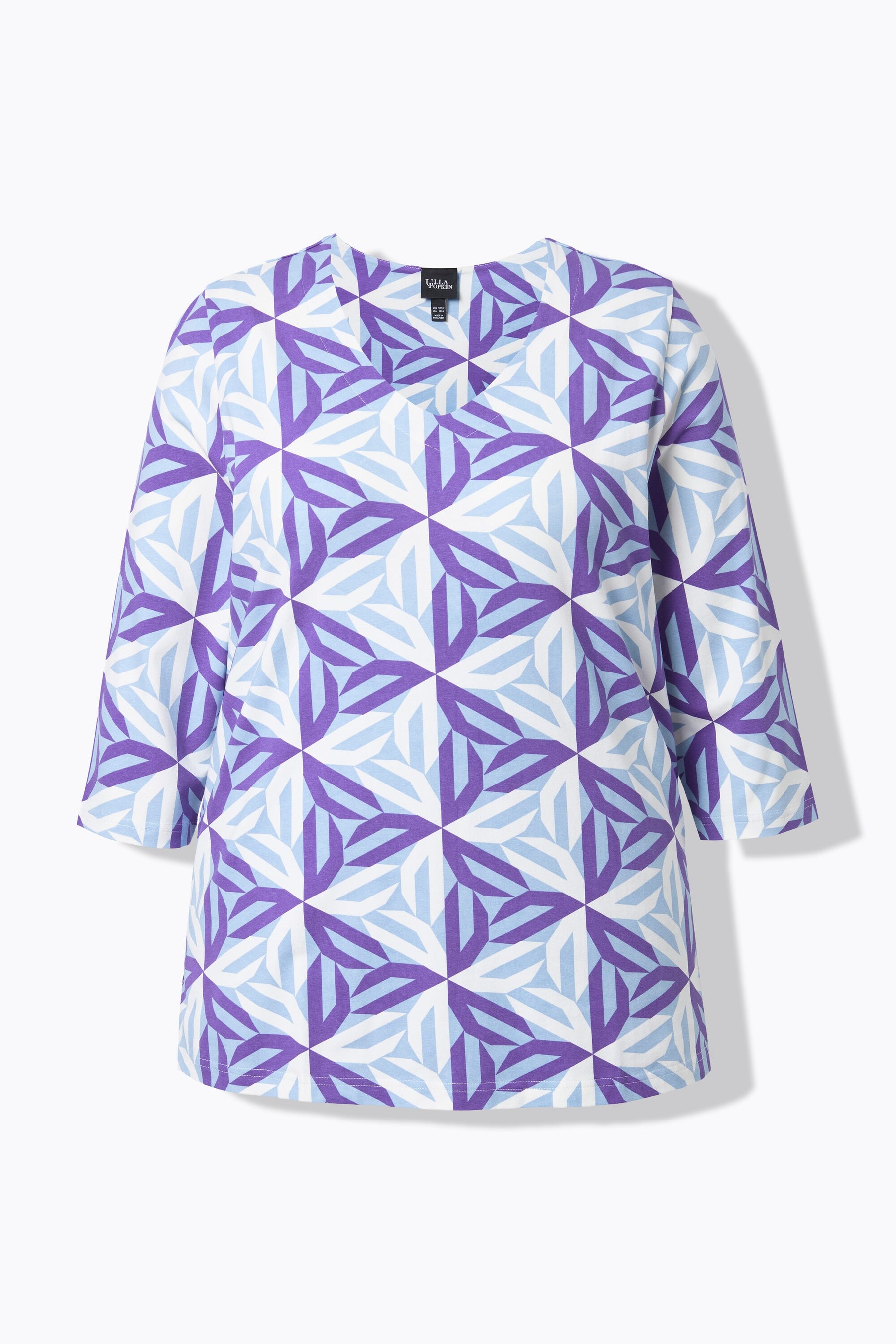 Product image of the Ulla Popken Geometric Top in Purple, a purple geometric patterned top with a V neckline, 3/4 length sleeves and an A-line shape against a white background 