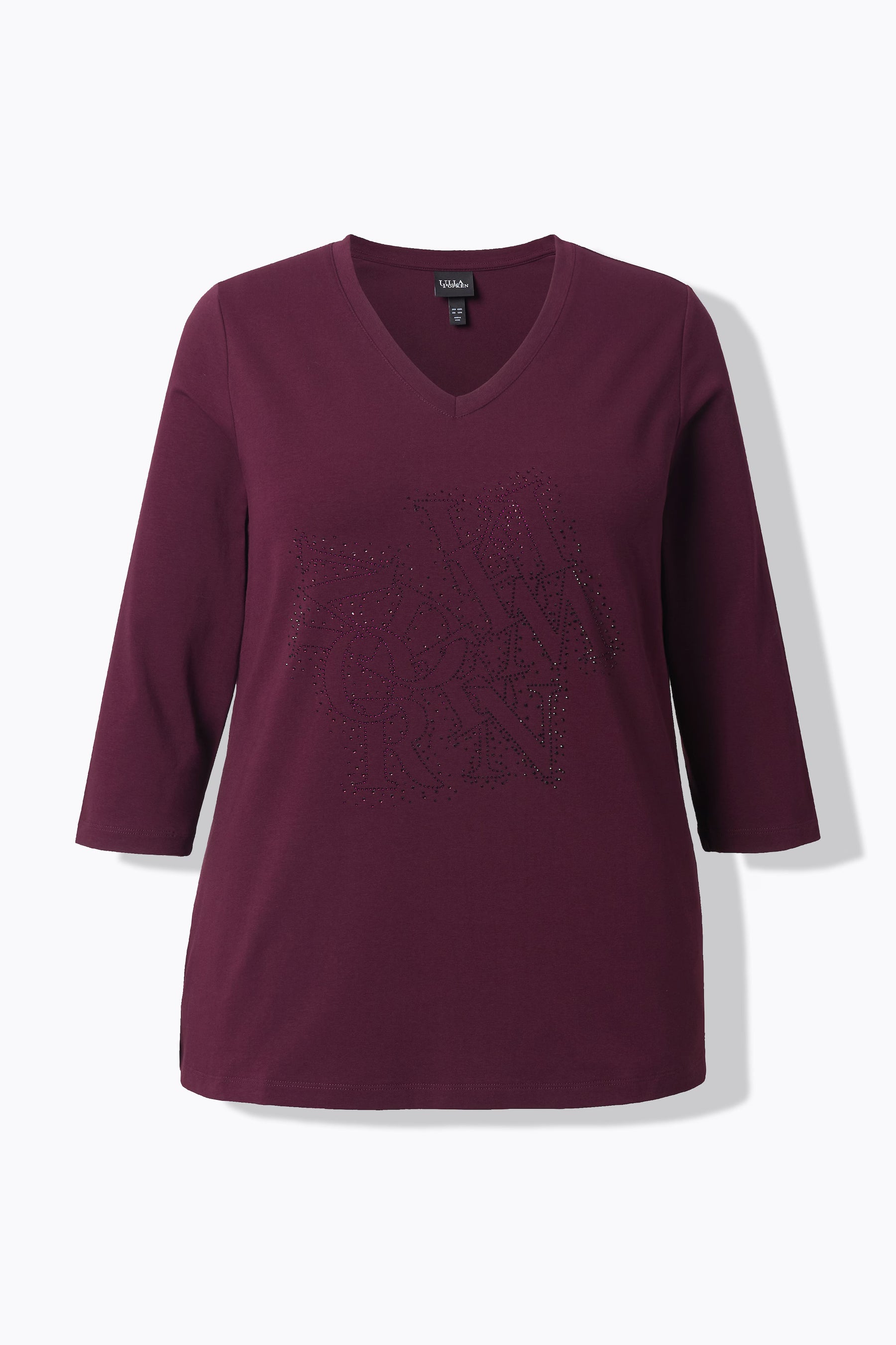 Ulla Popken Glitter Lettering Top in Plum