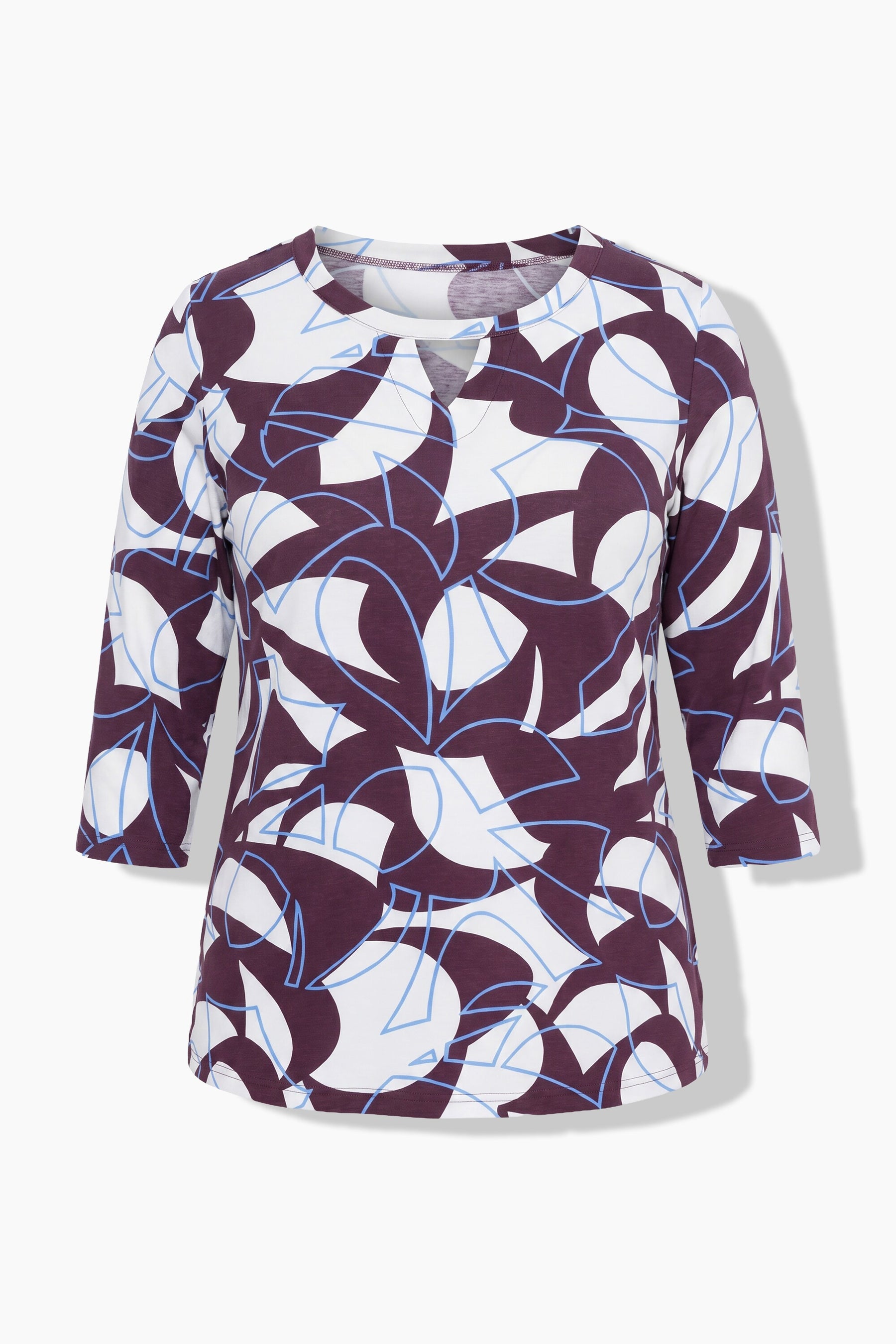 The Ulla Popken Keyhole Leaf Print Blouse in Wine, A women's three-quarter sleeve top with a keyhole neckline, featuring an abstract geometric pattern in wine, white, and light blue lines on a light gray background.