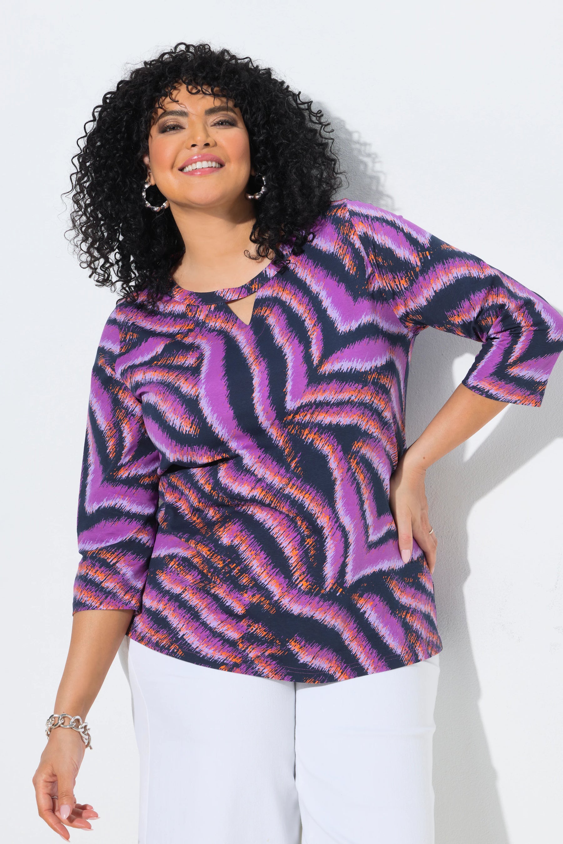 Ulla Popken Keyhole Zebra Print Blouse in Purple 