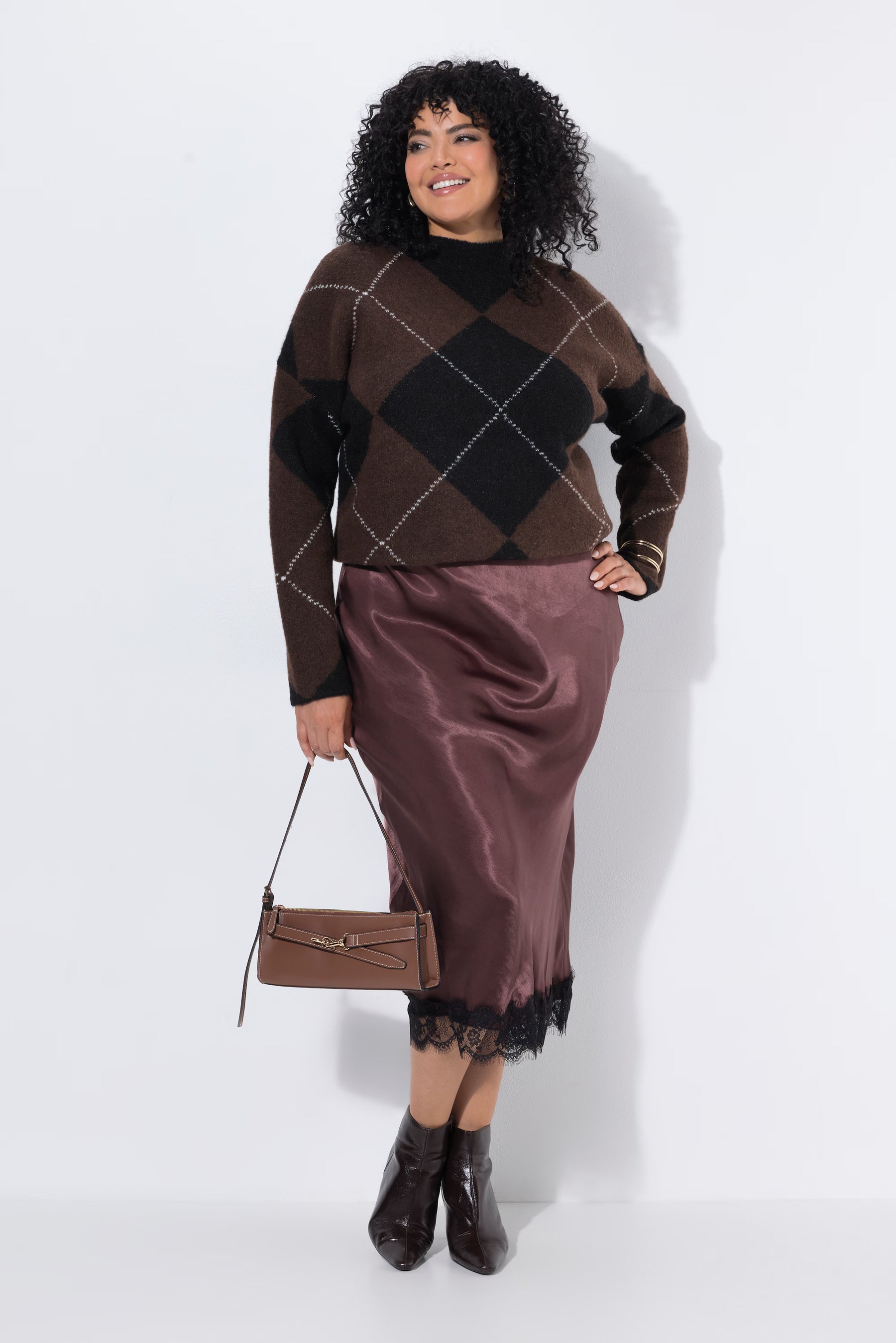 Ulla Popken Lace Trim Skirt in Brown 