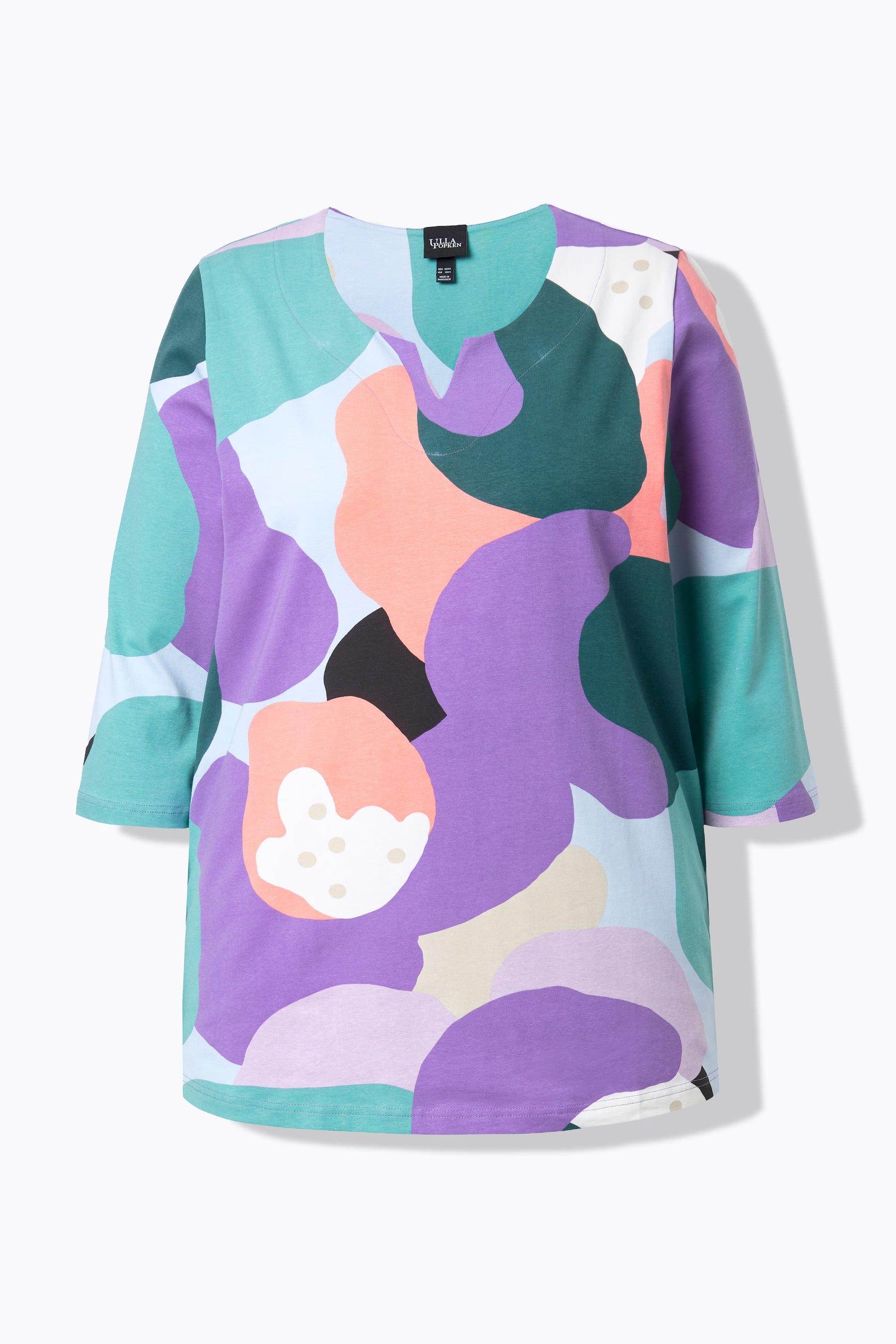 Ulla Popken Multicolor A-Line Top, a multi colour, abstract print top with a tunic neckline, 3/4 length sleeves and an A-line shape