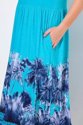 Ulla Popken Palm Print Maxi Dress in Turquoise