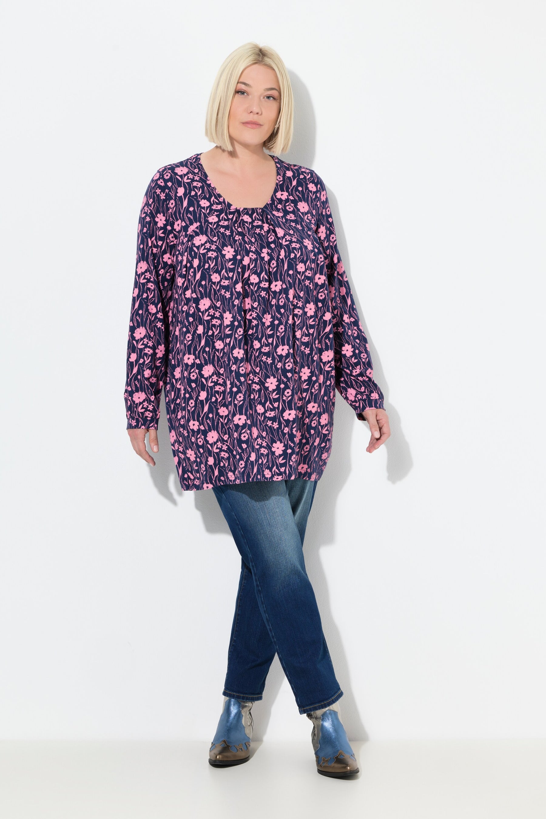 Ulla Popken Pleated Blouse in Navy