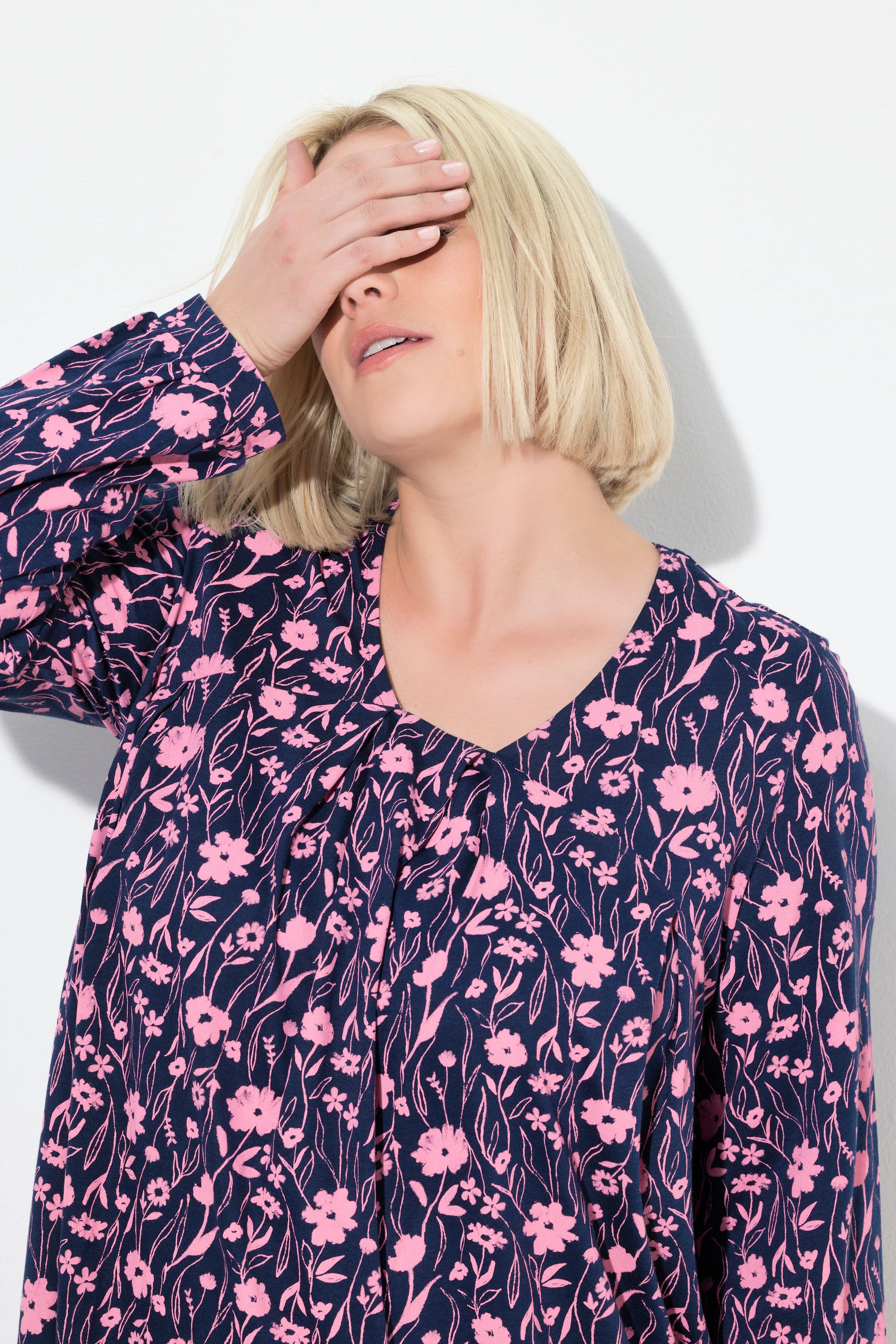 Ulla Popken Pleated Blouse in Navy