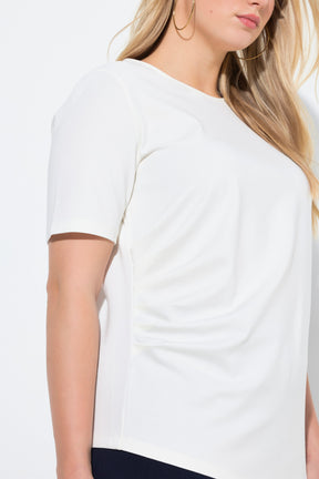 Close up of the short sleeves round neckline and side ruching on the Ulla Popken Pointed Hem T-Shirt in Off White