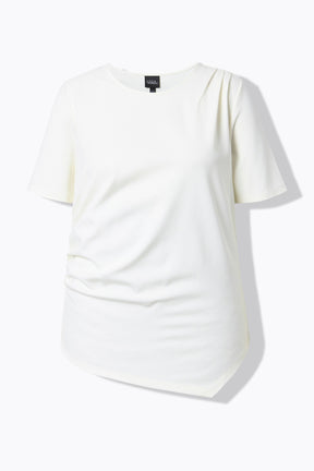 Product image of the Ulla Popken Pointed Hem T-Shirt in Off White, a T-shirt with a round neckline with short sleeves ruching and draping on the shoulder and side, also have an asymmetrical, pointed hem