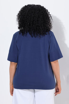 Ulla Popken Rhinestone Leaf T-Shirt in Navy 
