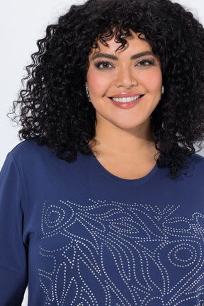 Ulla Popken Rhinestone Leaf T-Shirt in Navy 