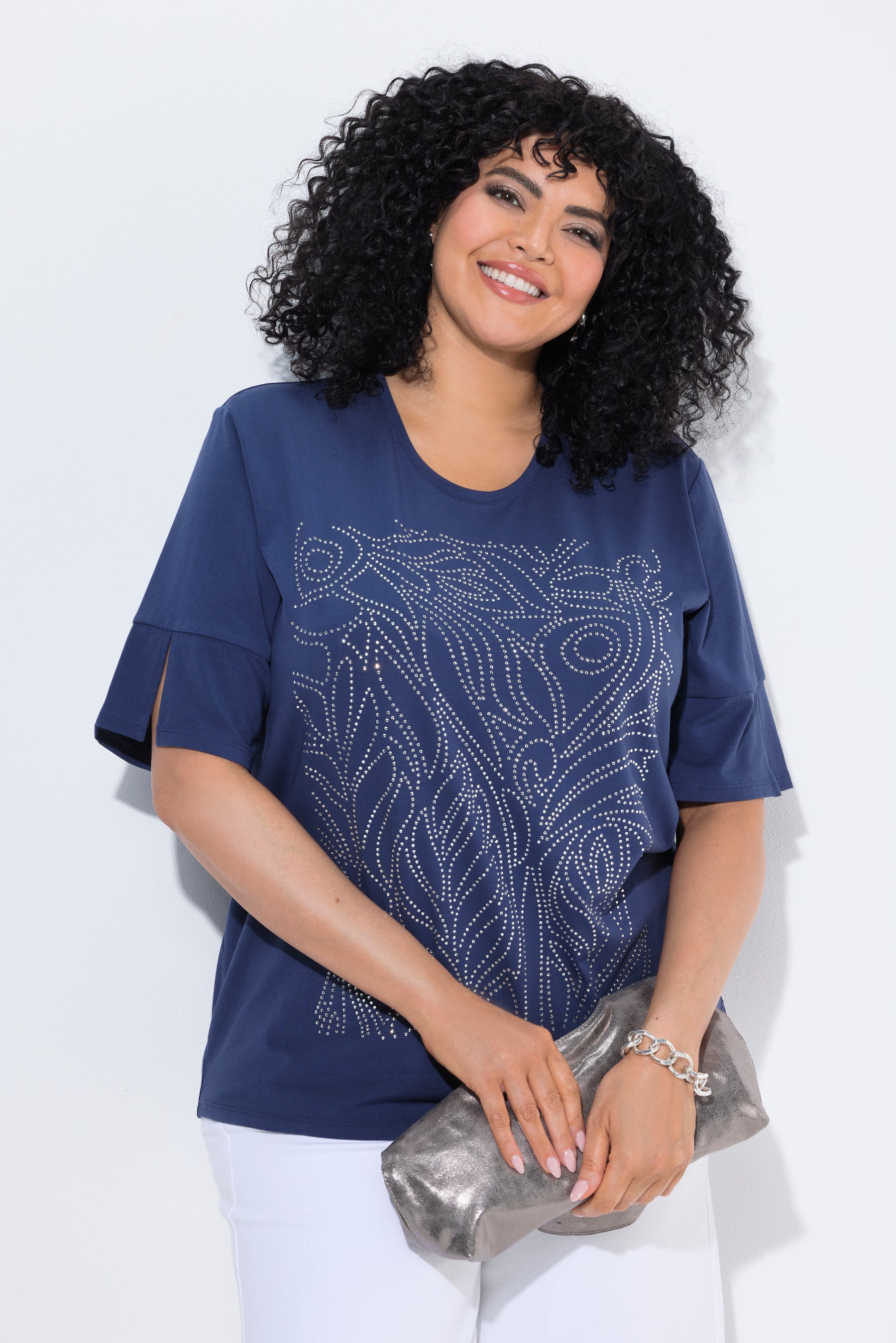 Ulla Popken Rhinestone Leaf T-Shirt in Navy 