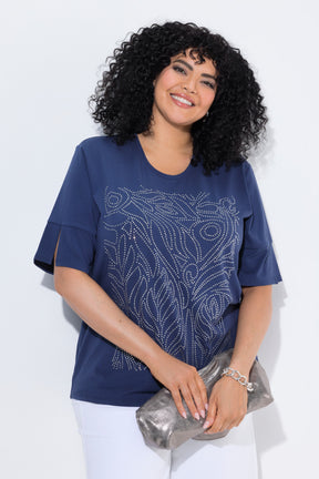 Ulla Popken Rhinestone Leaf T-Shirt in Navy 