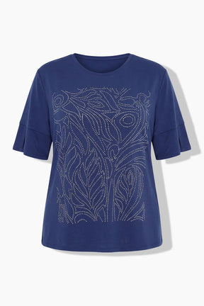 Ulla Popken Rhinestone Leaf T-Shirt in Navy 