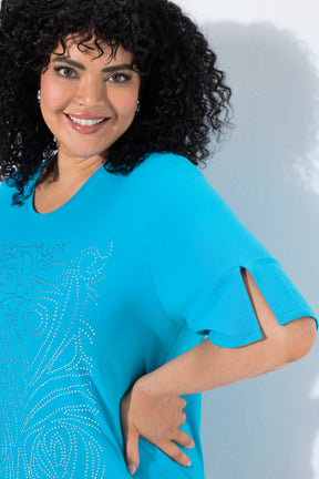 Ulla Popken Rhinestone Leaf T-Shirt in Turquoise 