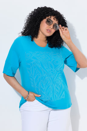  Ulla Popken Rhinestone Leaf T-Shirt in Turquoise 