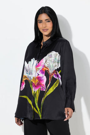 Ulla Popken Satin Floral Shirt in Black