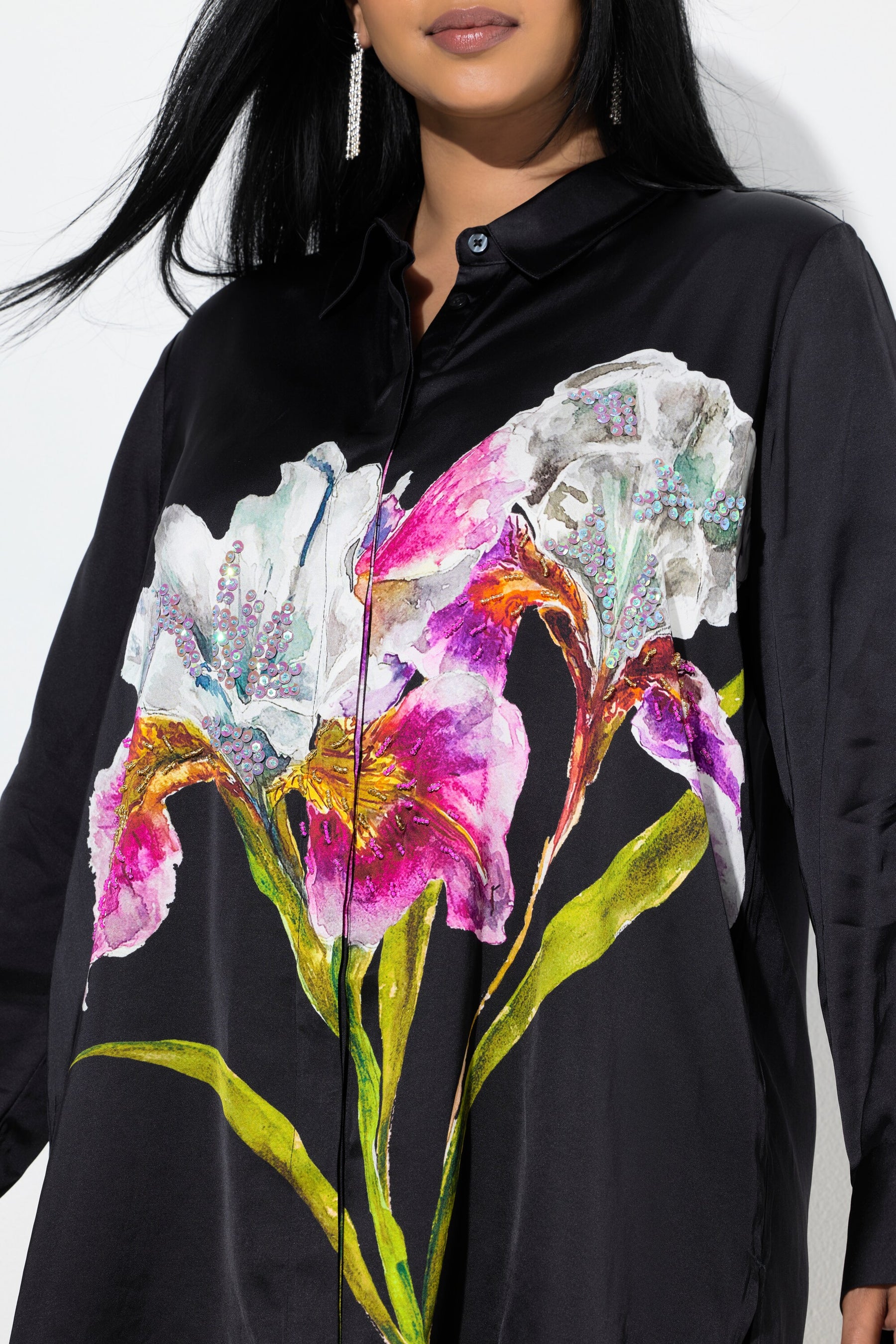 Ulla Popken Satin Floral Shirt in Black