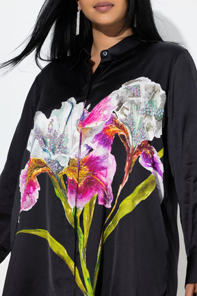 Ulla Popken Satin Floral Shirt in Black