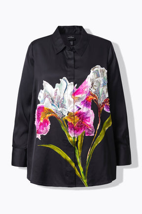 Ulla Popken Satin Floral Shirt in Black