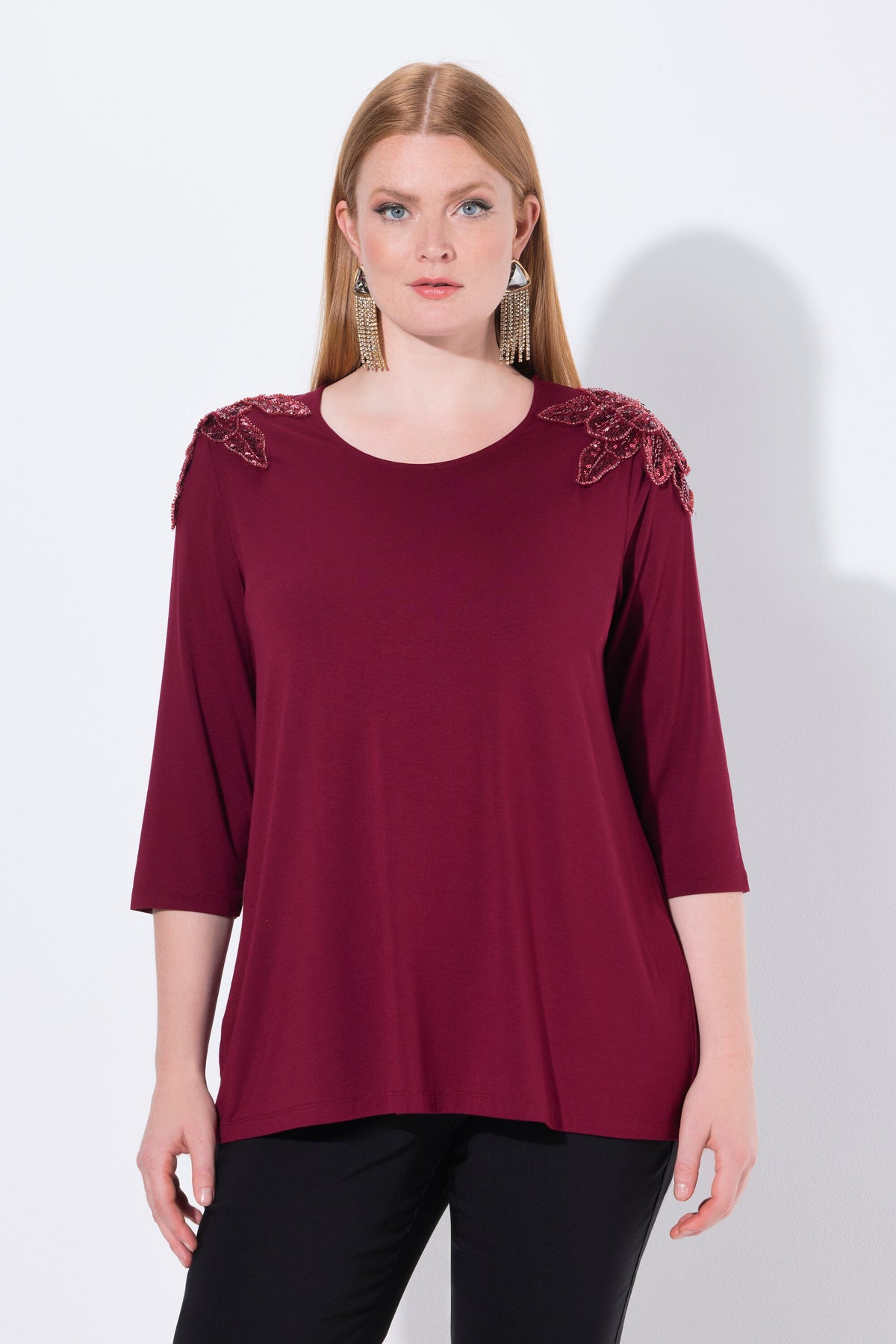 Ulla Popken Sequin Shoulder Top in Wine