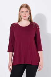 Ulla Popken Sequin Shoulder Top in Wine