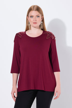 Ulla Popken Sequin Shoulder Top in Wine
