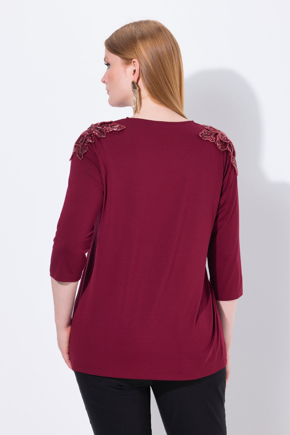 Ulla Popken Sequin Shoulder Top in Wine
