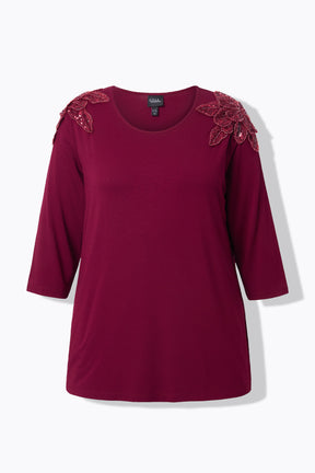 Ulla Popken Sequin Shoulder Top in Wine