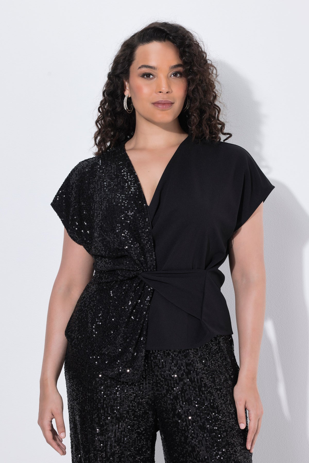 Ulla Popken Sequin V Neck Blouse in Black 