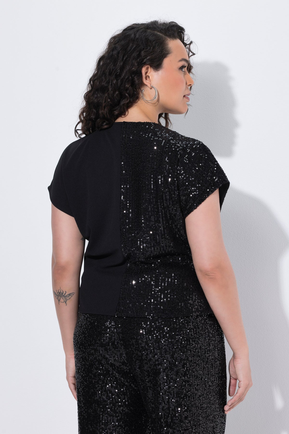 Ulla Popken Sequin V Neck Blouse in Black 