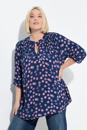 Ulla Popken Smocked Polka Dot Blouse in Navy